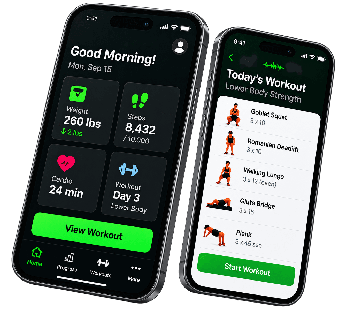 The FitLifeWithMe dashboard and workout screens
